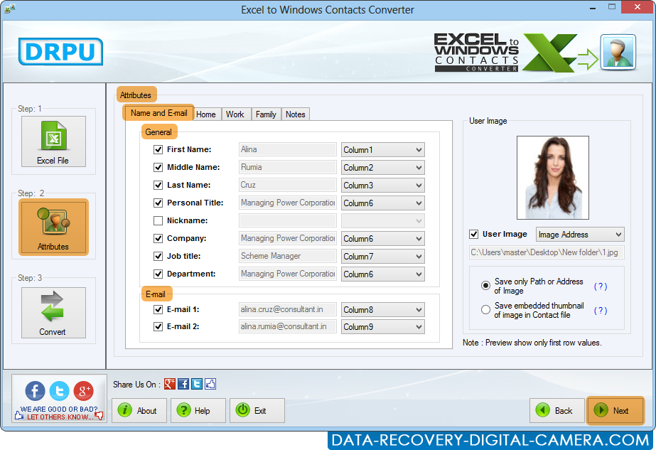 Screenshots of Excel to Windows Contacts Converter software for file conversion