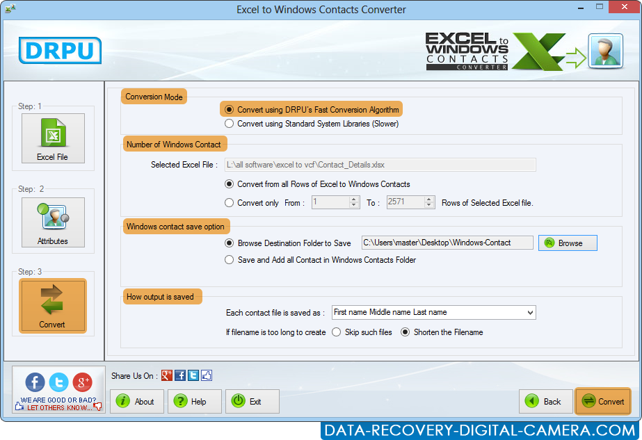 Screenshots of Excel to Windows Contacts Converter software for file conversion