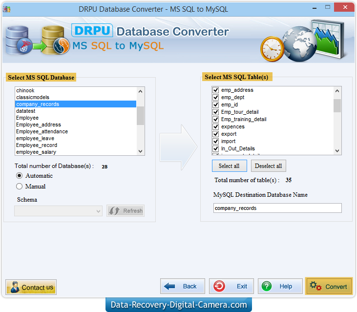 Select MS SQL Database and MS SQL Table(s)